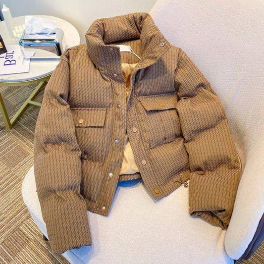 Chaqueta corta de plumón con cuello levantado retro a la moda para mujer