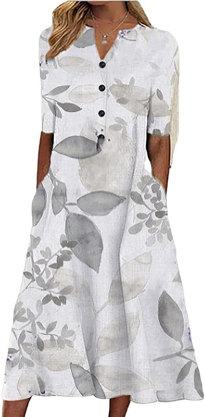 Printed Pocket V-neck Loose Casual Length Dress