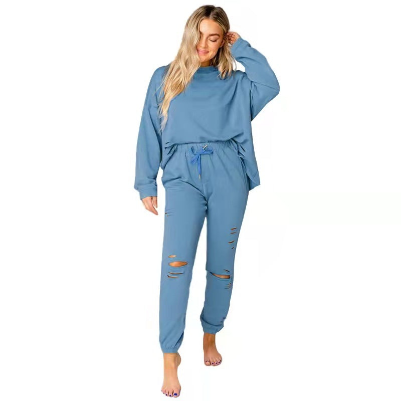 Pull-over déchiré à col rond pour femmes, pantalon décontracté à manches longues, costume en coton, couleur unie