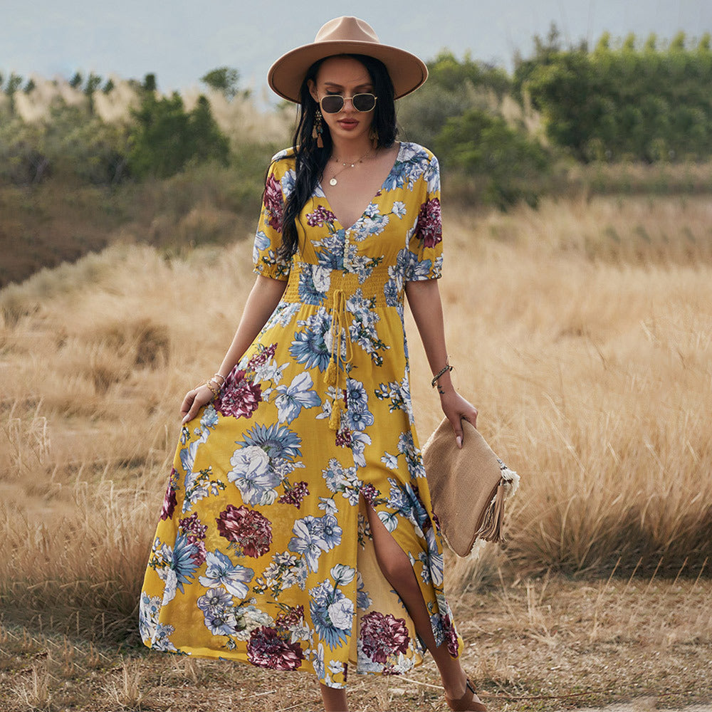 Robe de plage d'été florale avec col en V, robes à taille élastique pour femmes