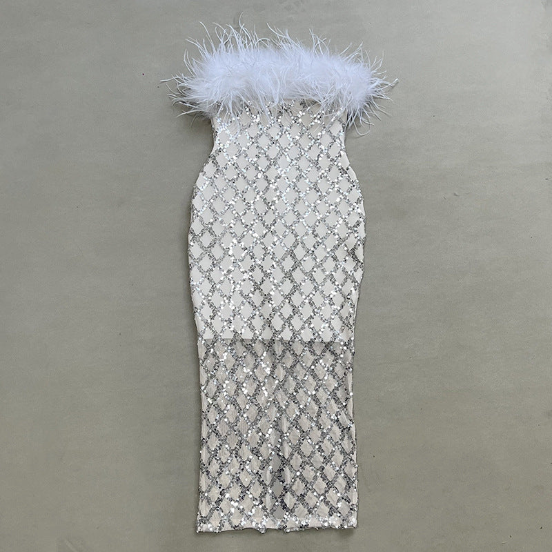 Robe une pièce à bandage et plumes, haut tubulaire à paillettes