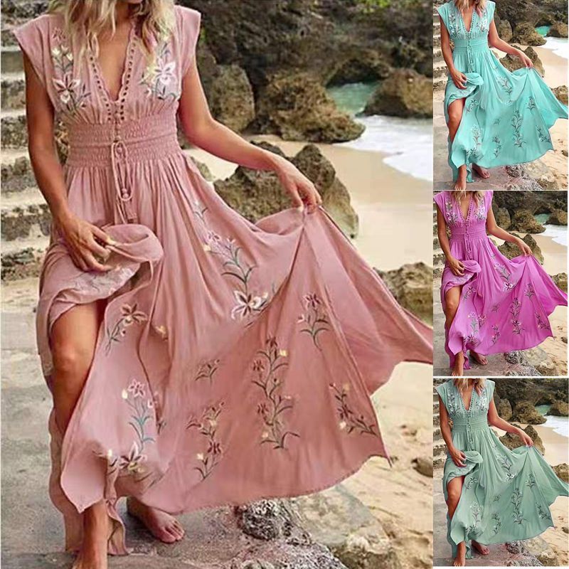 New V-neck Fringed Bohemian Print Long Skirt Summer Sleeveless Loose Casual Beach Dress