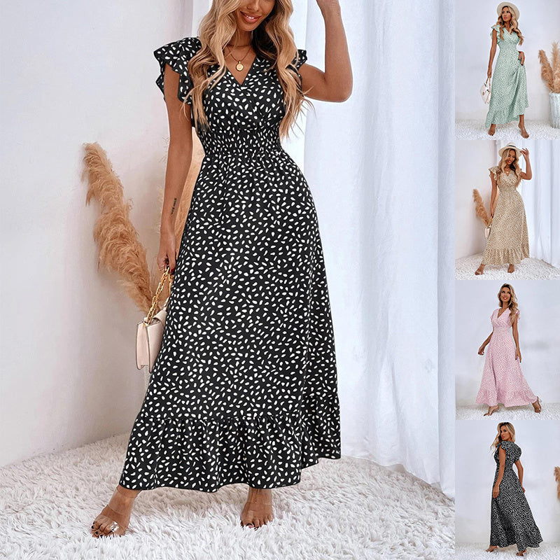 Women's V-neck Dress Summer Ruffled Sleeveless Long Dresses High Waist Clothing