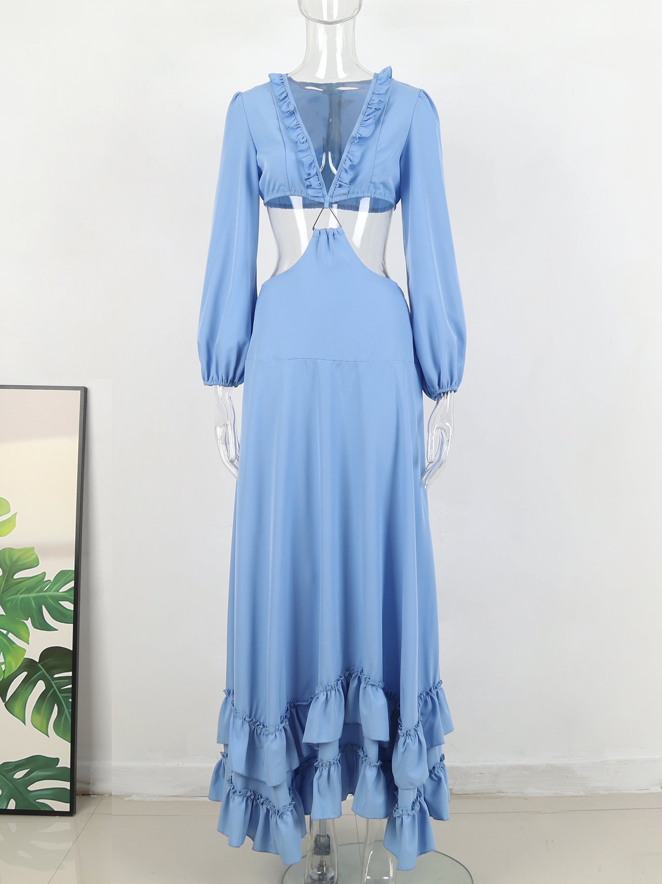 Vestido largo de manga larga para mujer con escote en V profundo y azul puro