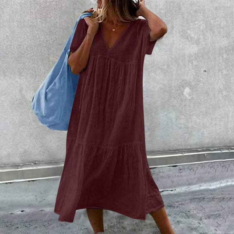 Round Neck Short Sleeve Cotton And Linen Mid-length Dress