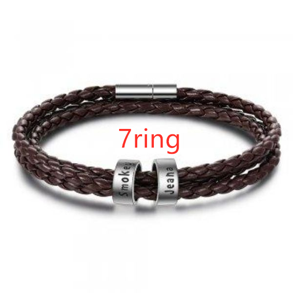 Pulsera de cuero genuino trenzada personalizada para hombre, cuentas personalizadas de acero inoxidable, pulsera con dijes de nombre para hombres con apellidos