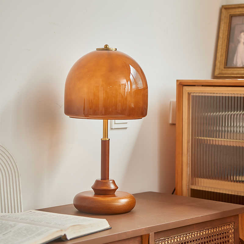 Retro Amber-yellow Glass Mushroom Decorative Table Lamp