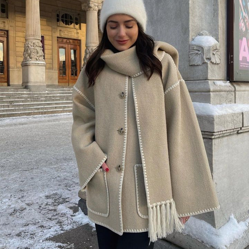 Manteau en laine épais pour femmes, avec écharpe, pompon, veste ample, décontractée, bureau, Streetwear, automne et hiver