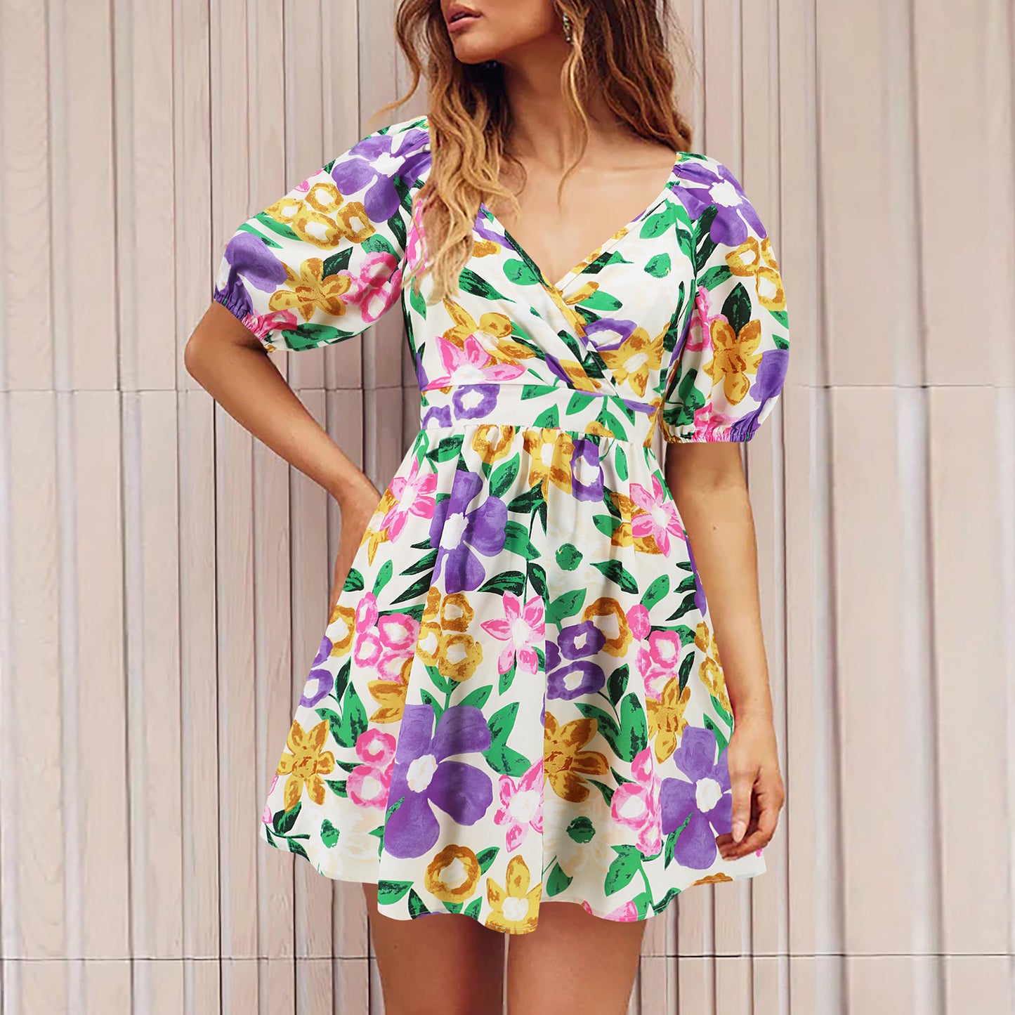 Vestido con estampado de flores y cuello en V, manga farol, Y2K, vacaciones de verano, vestidos cortos de playa, ropa de moda para mujer