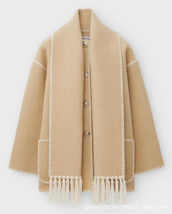 Manteau en laine épais pour femmes, avec écharpe, pompon, veste ample, décontractée, bureau, Streetwear, automne et hiver