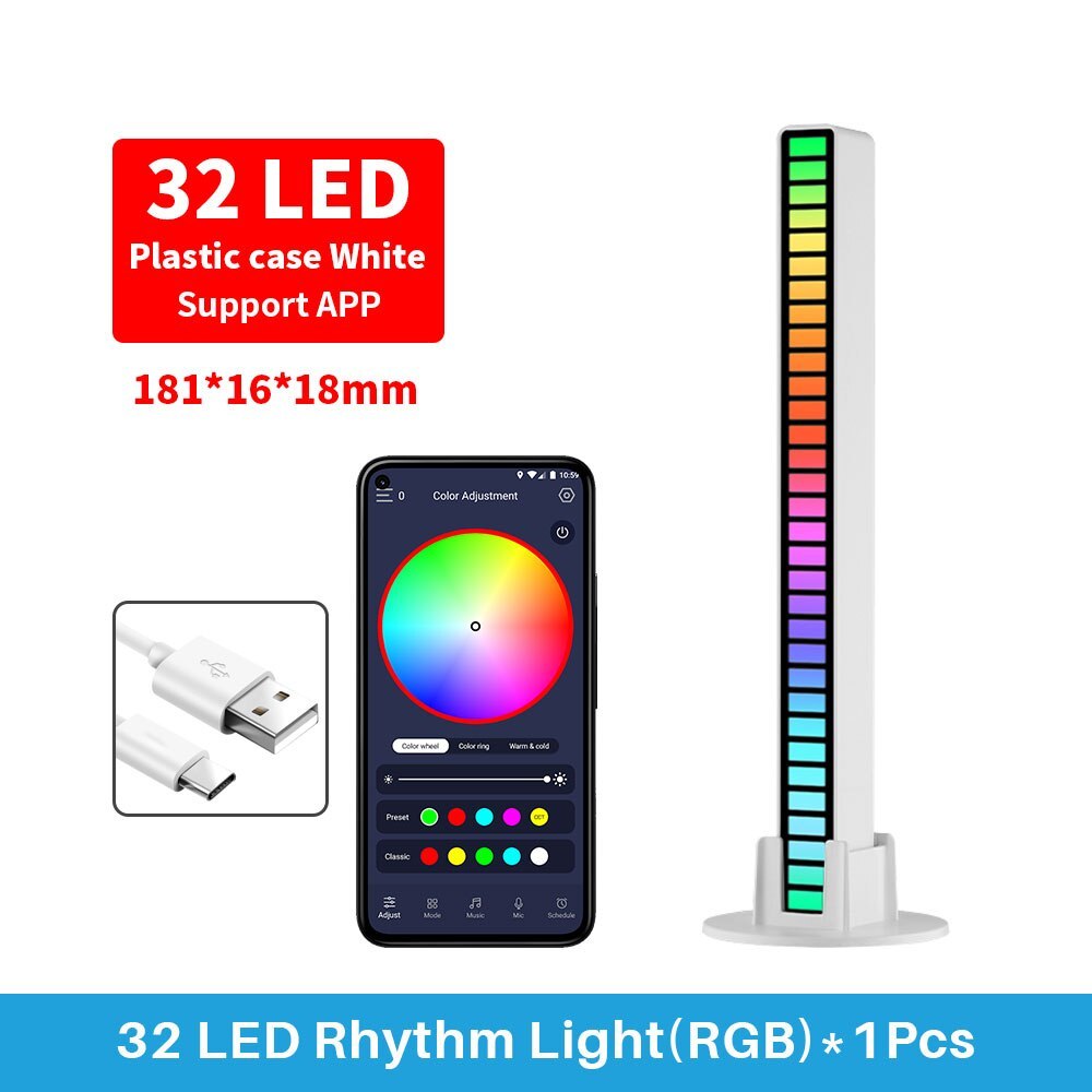 RGB Lamp 32LED Strip Lights Pickup Light Sound Control Lamp Ambient Light Smart APP Control Music Rhythm For Game Desktop Light