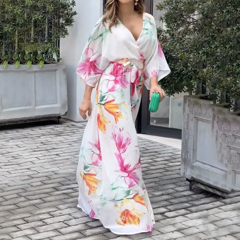 Vestido suelto con estampado de encaje y manga de murciélago para mujer