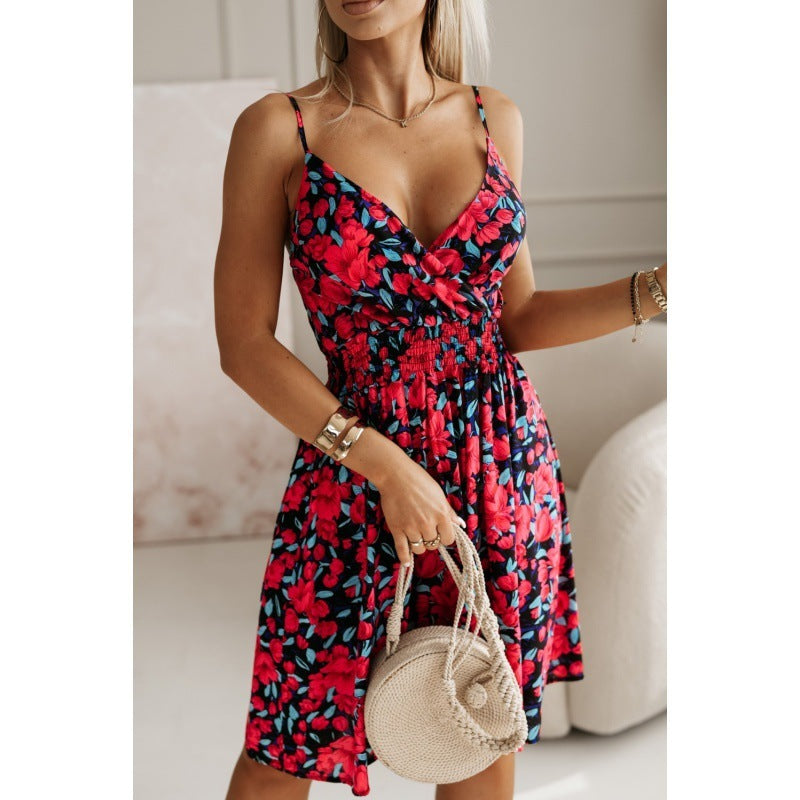 Vestido de tirantes con estampado de flores a la moda, vestidos cortos plisados ​​con cuello en V de verano para ropa de playa para mujer