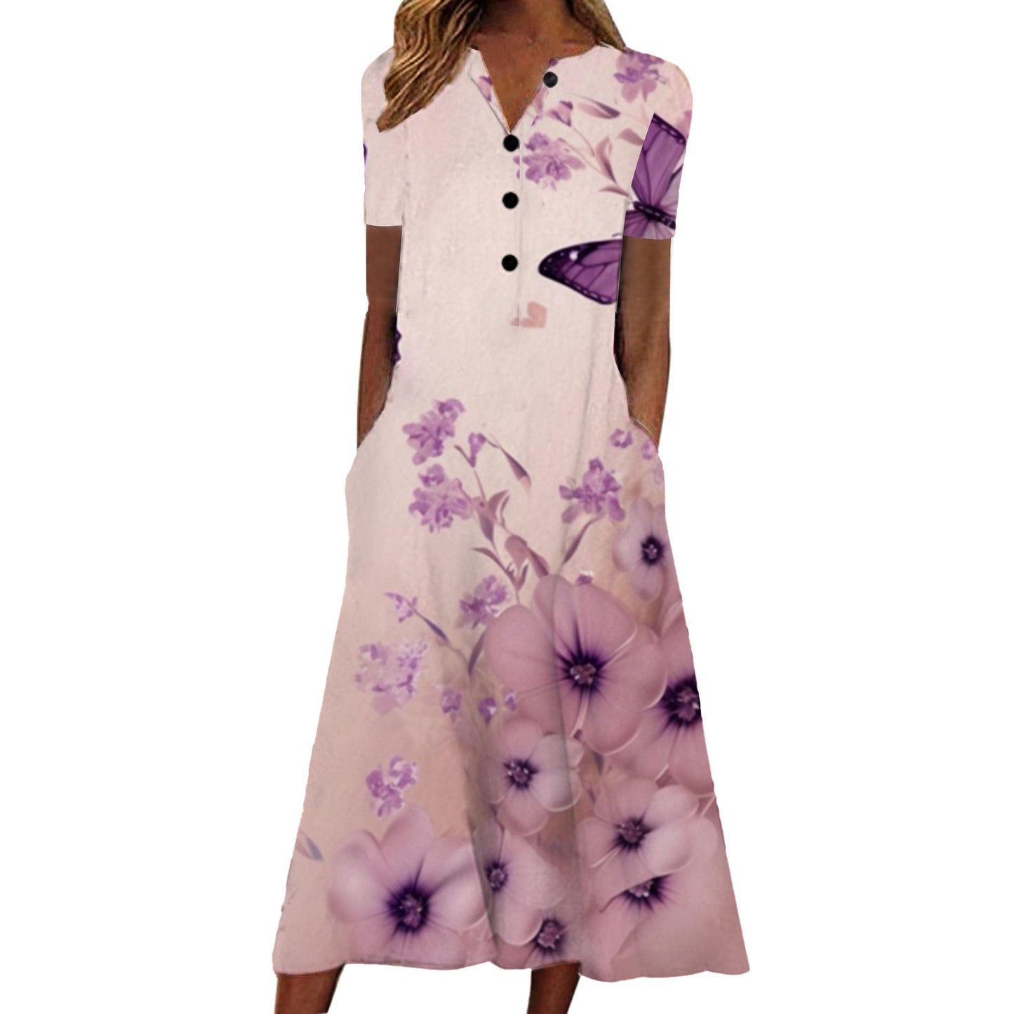 Printed Pocket V-neck Loose Casual Length Dress