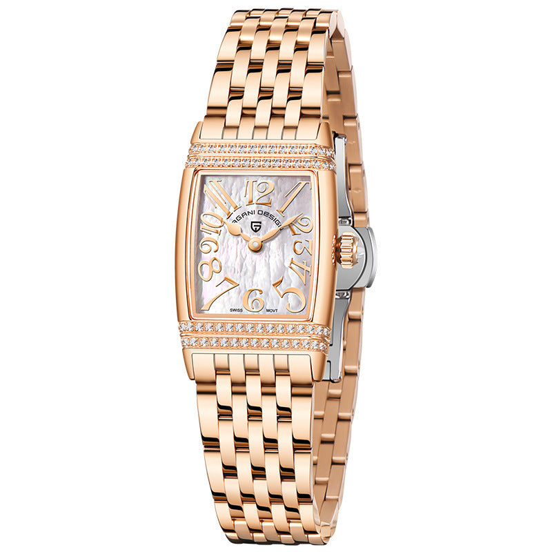 Montre à quartz carrée à cadran de coquille de mode pour femmes avec diamants