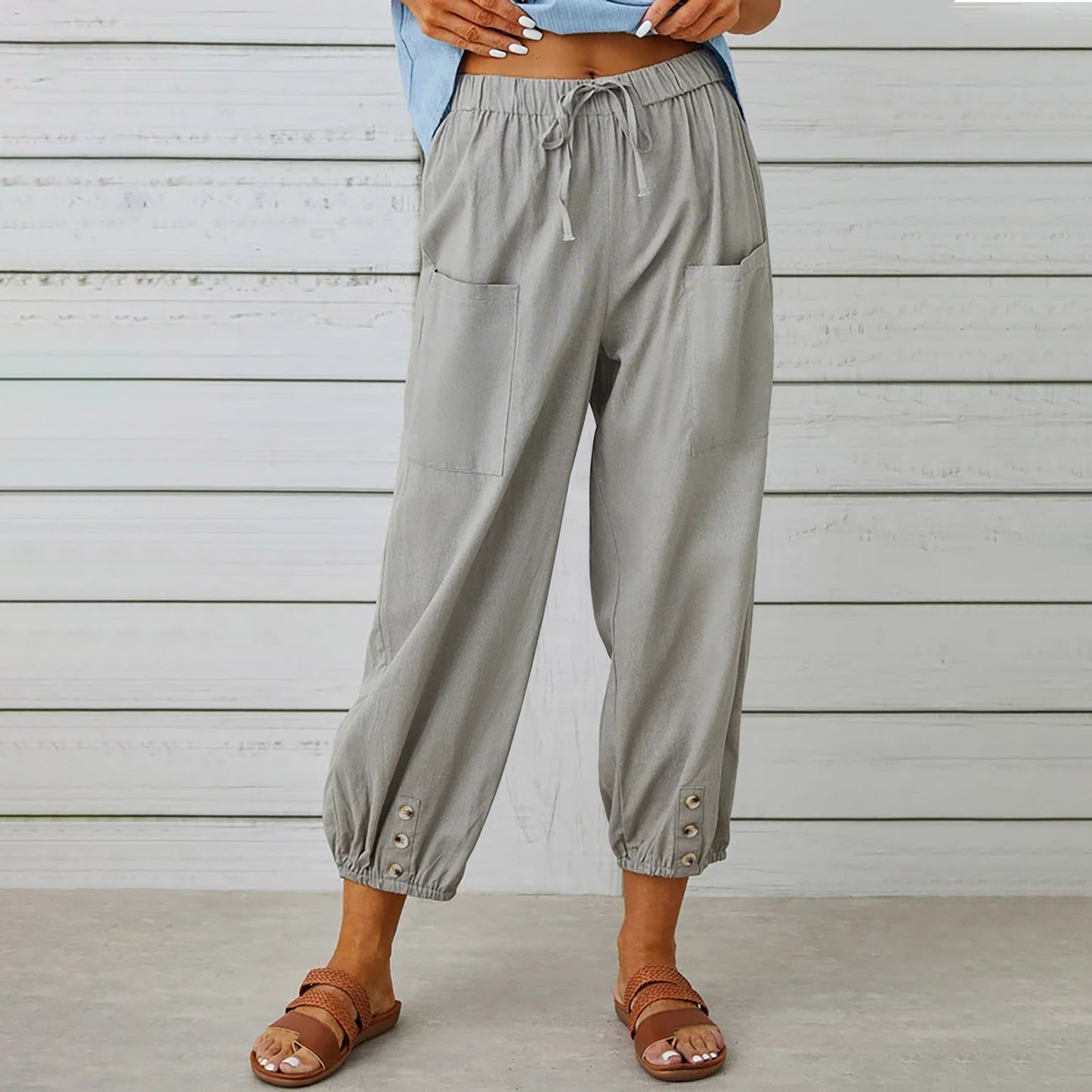 Pantalones con cordón y lazo para mujer, pantalones de algodón y lino para primavera y verano con botones y bolsillos