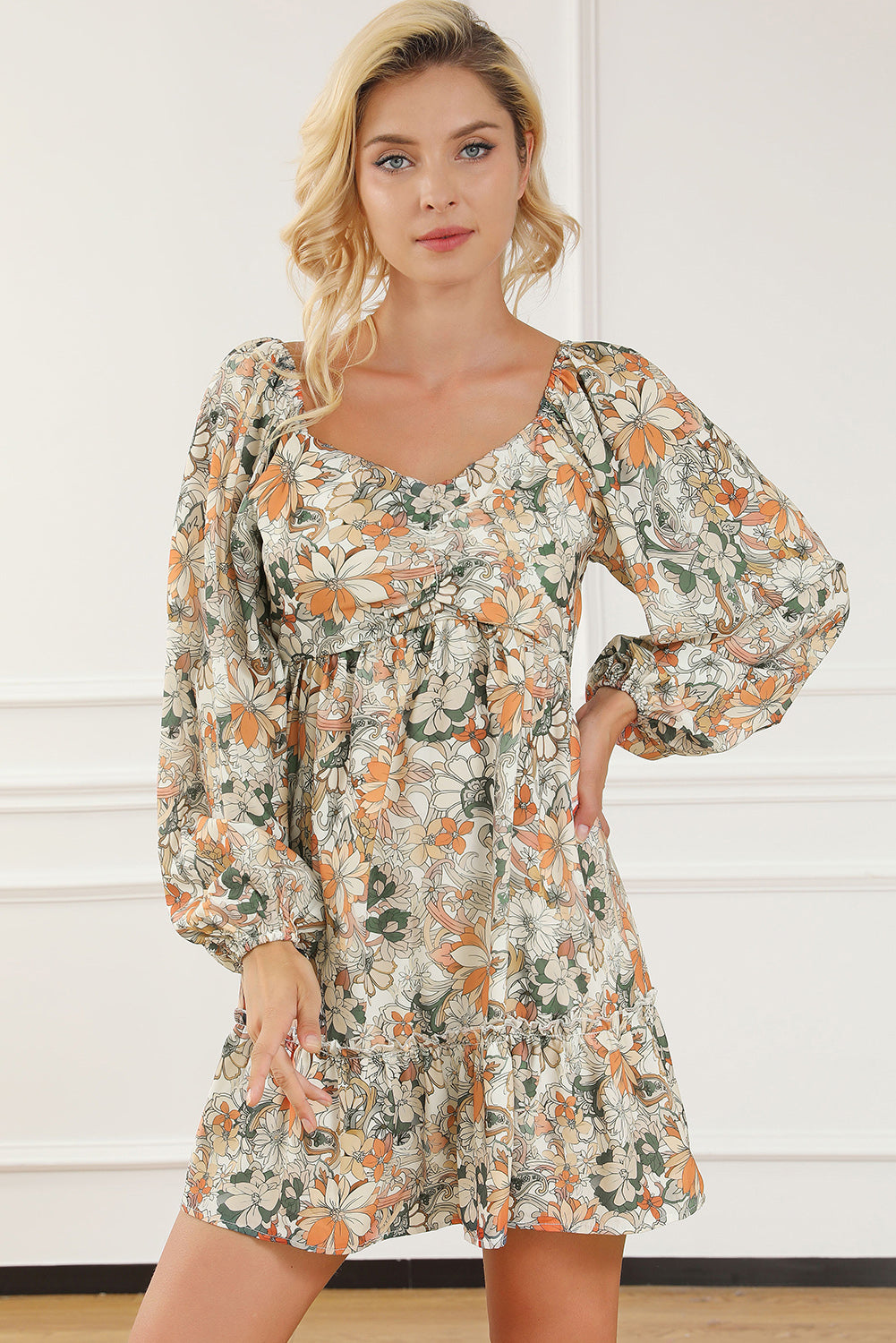 Printed Balloon Sleeve Ruffle Hem Mini Dress