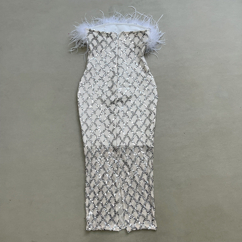 Robe une pièce à bandage et plumes, haut tubulaire à paillettes