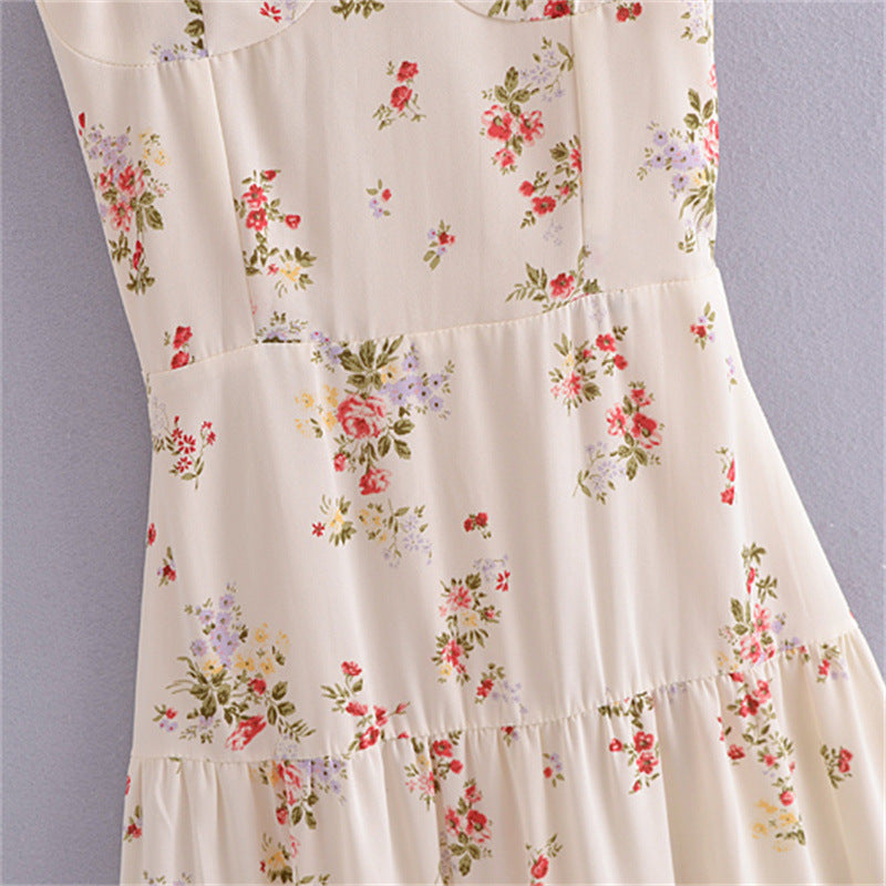 Women's French Style Vintage Small Floral Printed High Waist Slim Fit Slimming Suspenders Dress