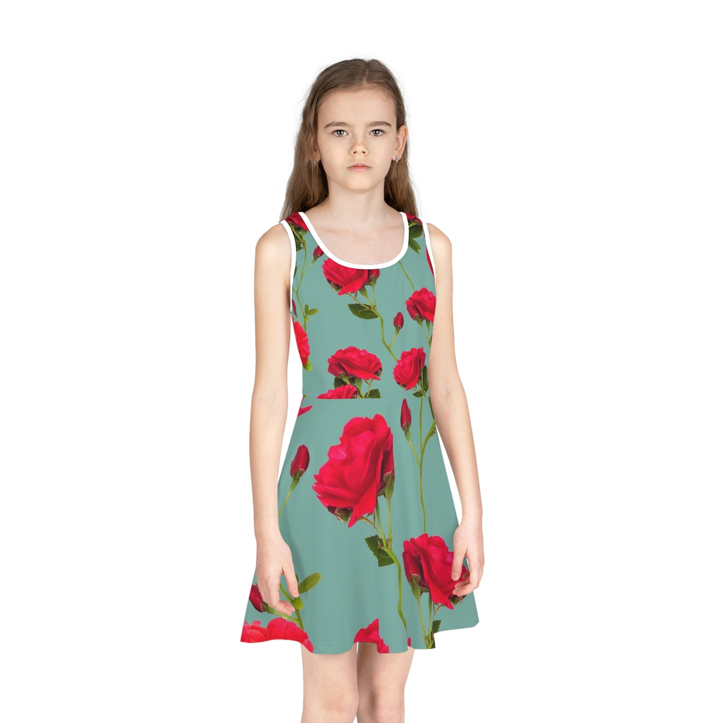 Red Flowers and blue - Inovax Girl's Sleeveless Sundress