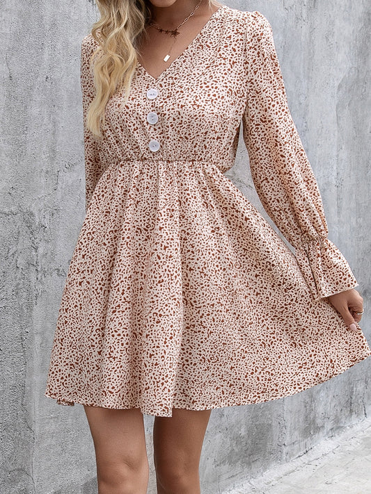 Decorative Button V-Neck Flounce Sleeve Dress