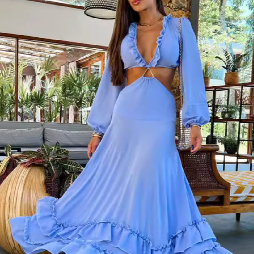 Vestido largo de manga larga para mujer con escote en V profundo y azul puro