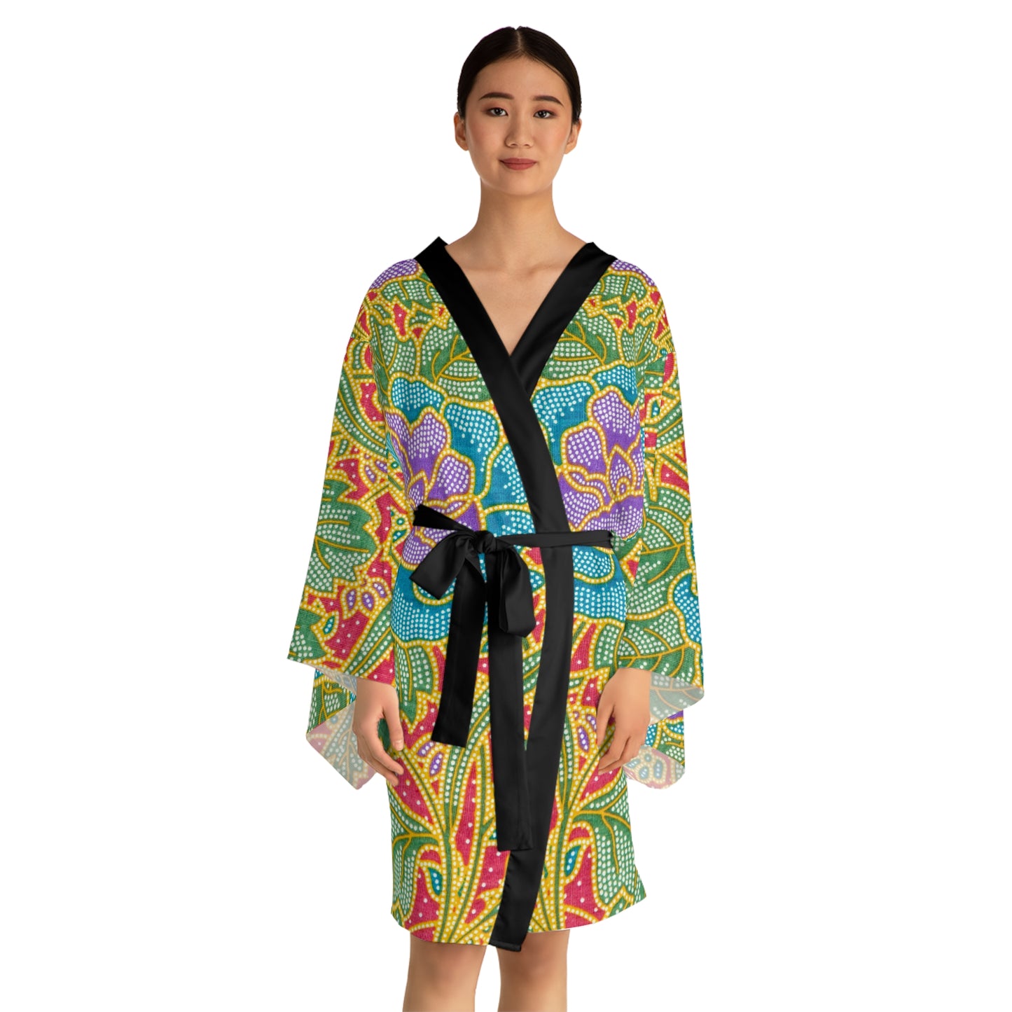 Flores verdes y rojas - Bata Kimono de Manga Larga Inovax