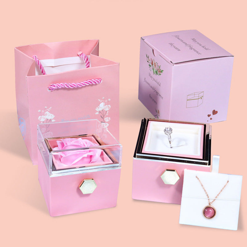 Caja de regalo giratoria con forma de rosa y flor de jabón, caja de embalaje de joyería con forma de rosa giratoria creativa, regalo del Día de San Valentín para mujer