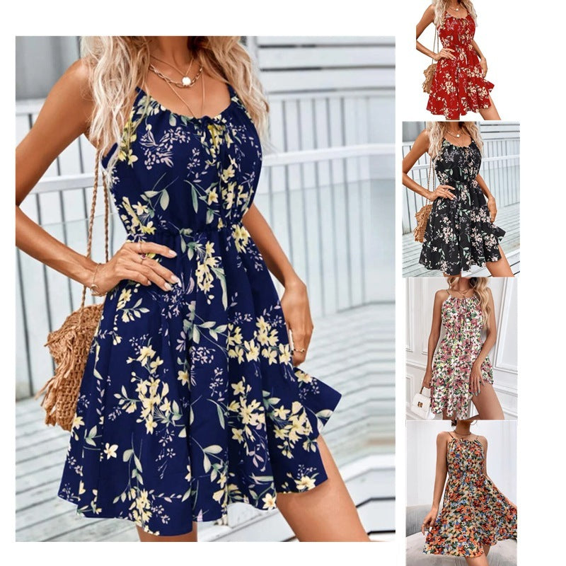 Vestido con tirantes y estampado floral con diseño de cintura elástica, vestidos cortos de verano a la moda, ropa para mujer