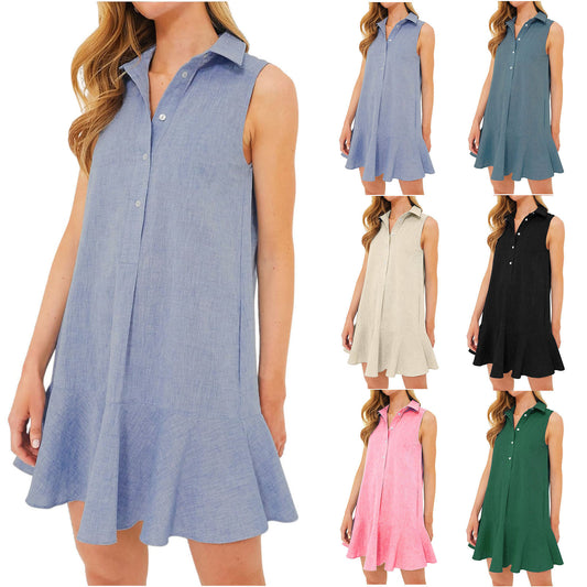 Solid Color Polo Collar Sleeveless Clinch Open Chest Pleated Ruffled Jumpsuit Short Skirt For Women