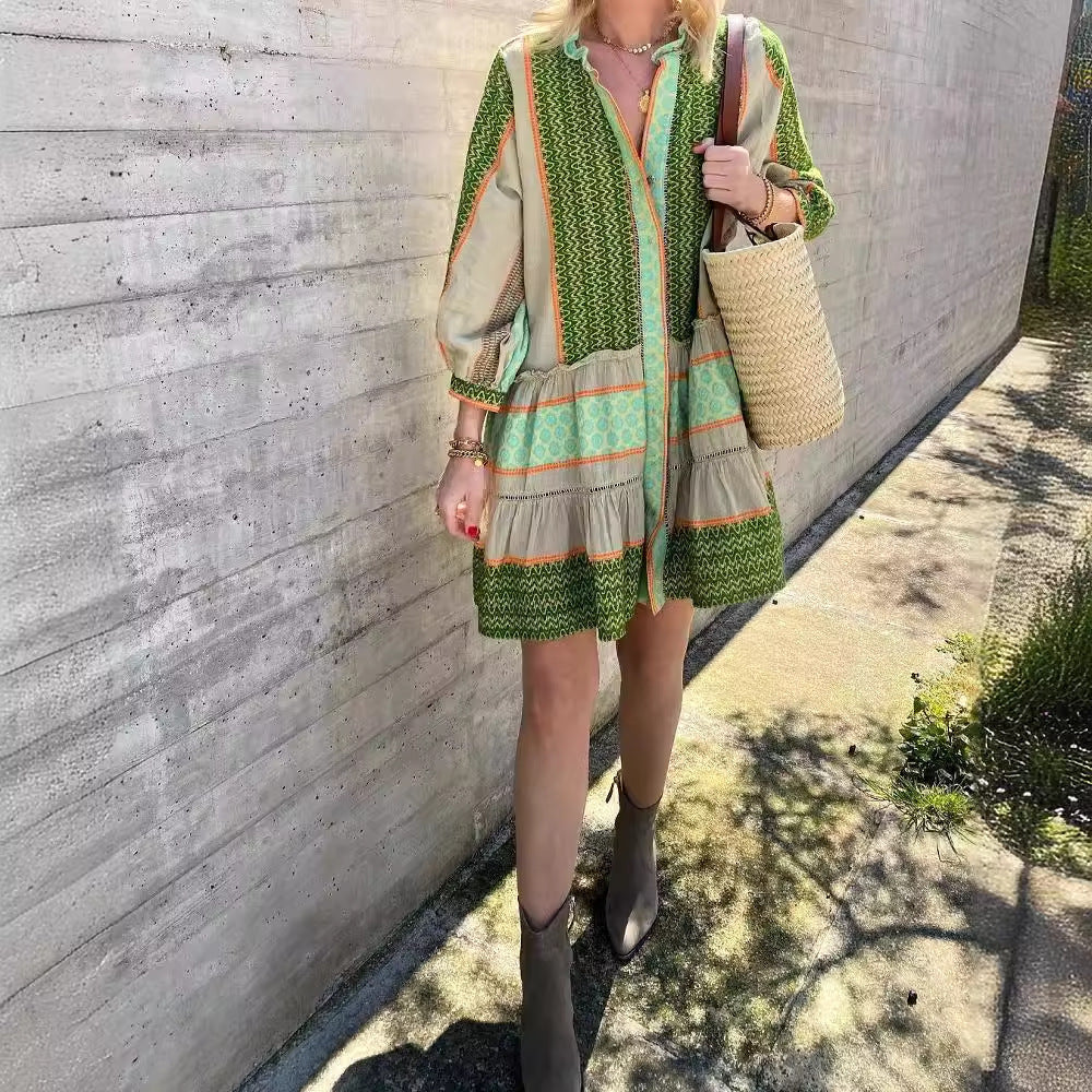 Vestido de falda de lino y algodón con posicionamiento estampado de primavera y otoño