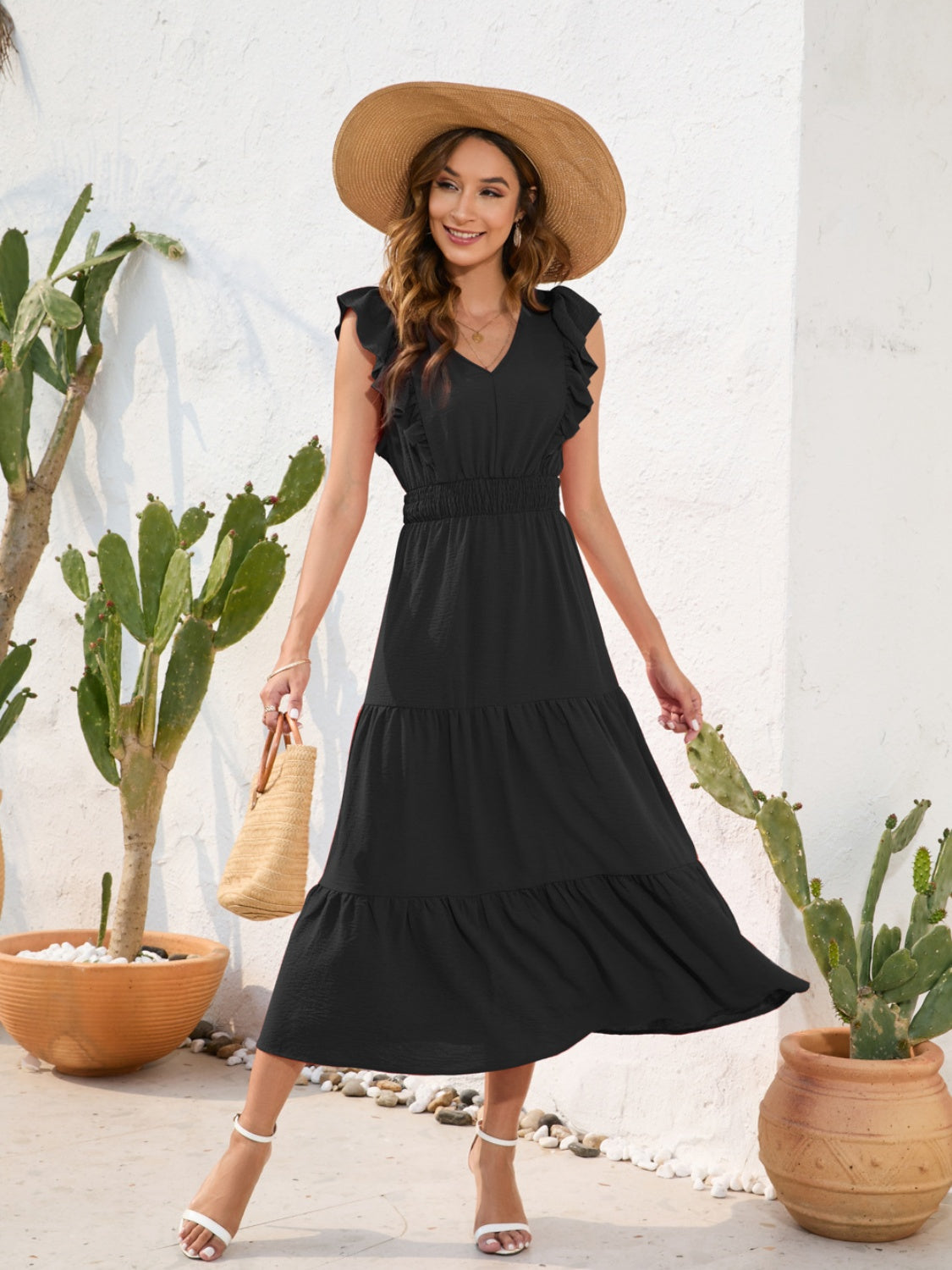 Tiered Ruffled V-Neck Cap Sleeve Dress