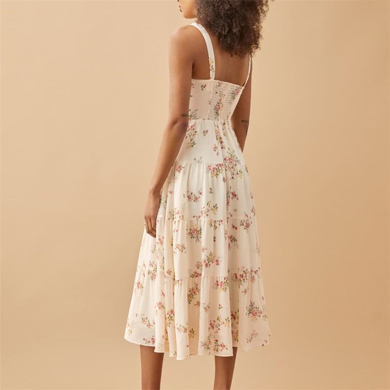 Robe à bretelles amincissante pour femmes, Style français, Vintage, petit imprimé Floral, taille haute, coupe cintrée