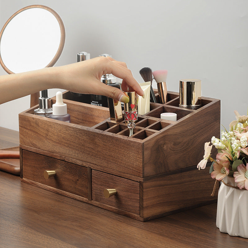 Caja de almacenamiento de cosméticos de madera maciza, organizador de cajones para brochas de maquillaje