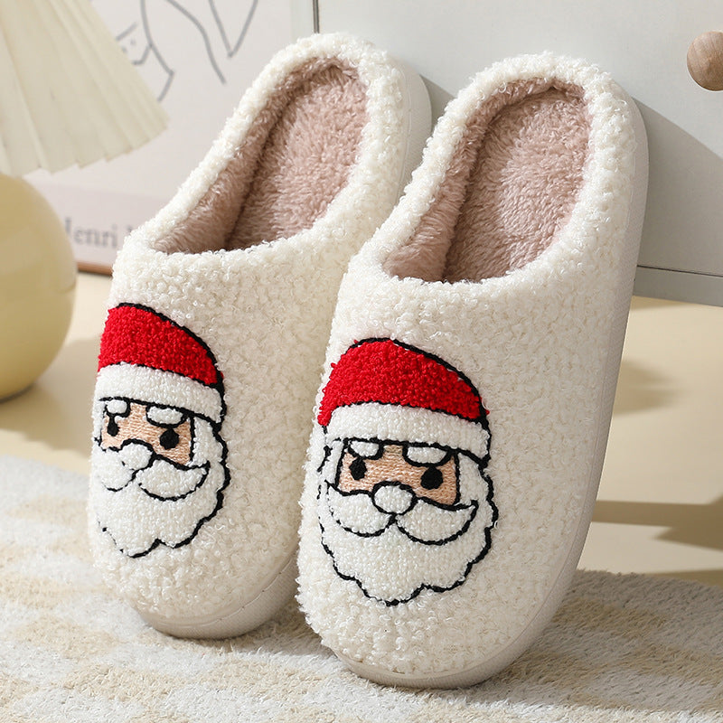 Zapatillas de casa navideñas, zapatillas de algodón con dibujos animados de Papá Noel para mujeres y hombres, parejas, zapatos peludos cálidos de invierno