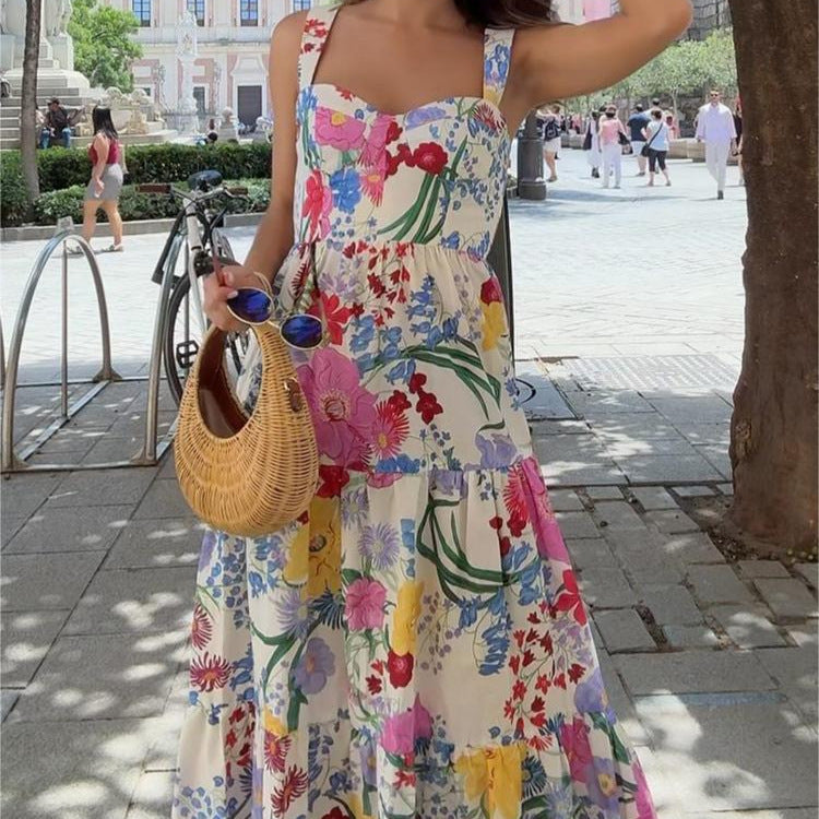 Printed High Waist Twill Dress No Back Waist Dress Casual Style