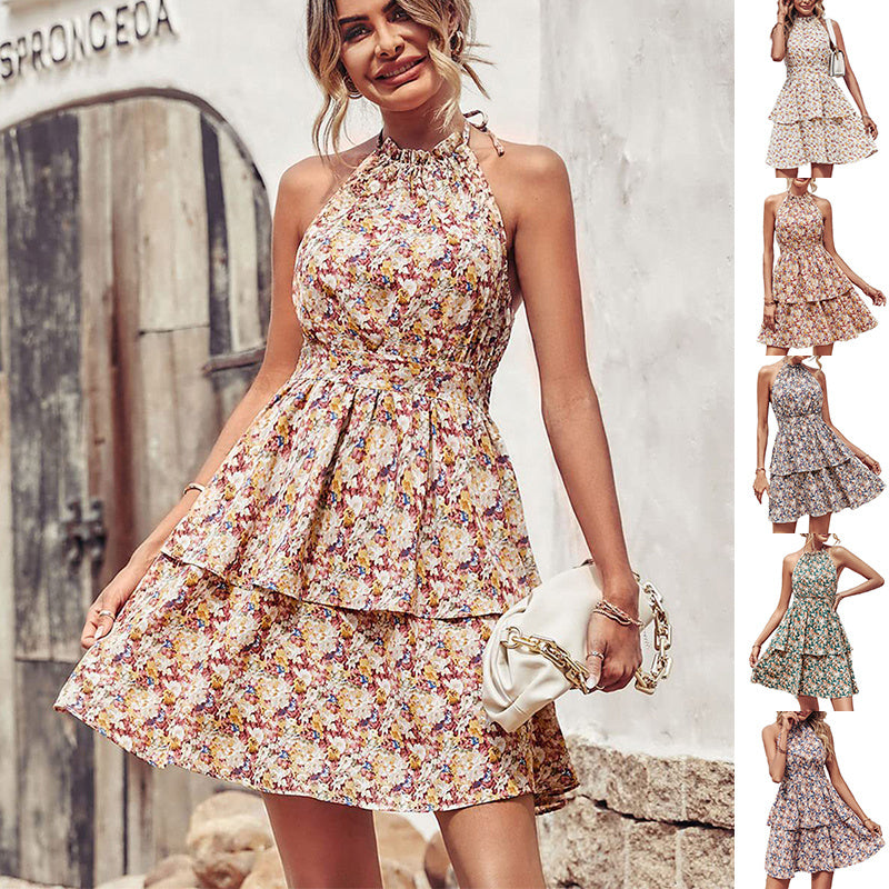 Vestido halter estampado de verano Moda Boho Sin espalda Con volantes Una línea Vestidos de playa para ropa de mujer