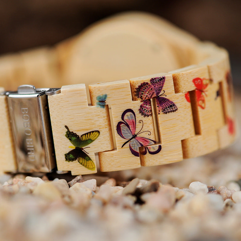 BOBO BIRD O20 Relojes con estampado de mariposas para mujer Reloj de pulsera de cuarzo totalmente hecho en bambú para mujer en caja de regalo de madera