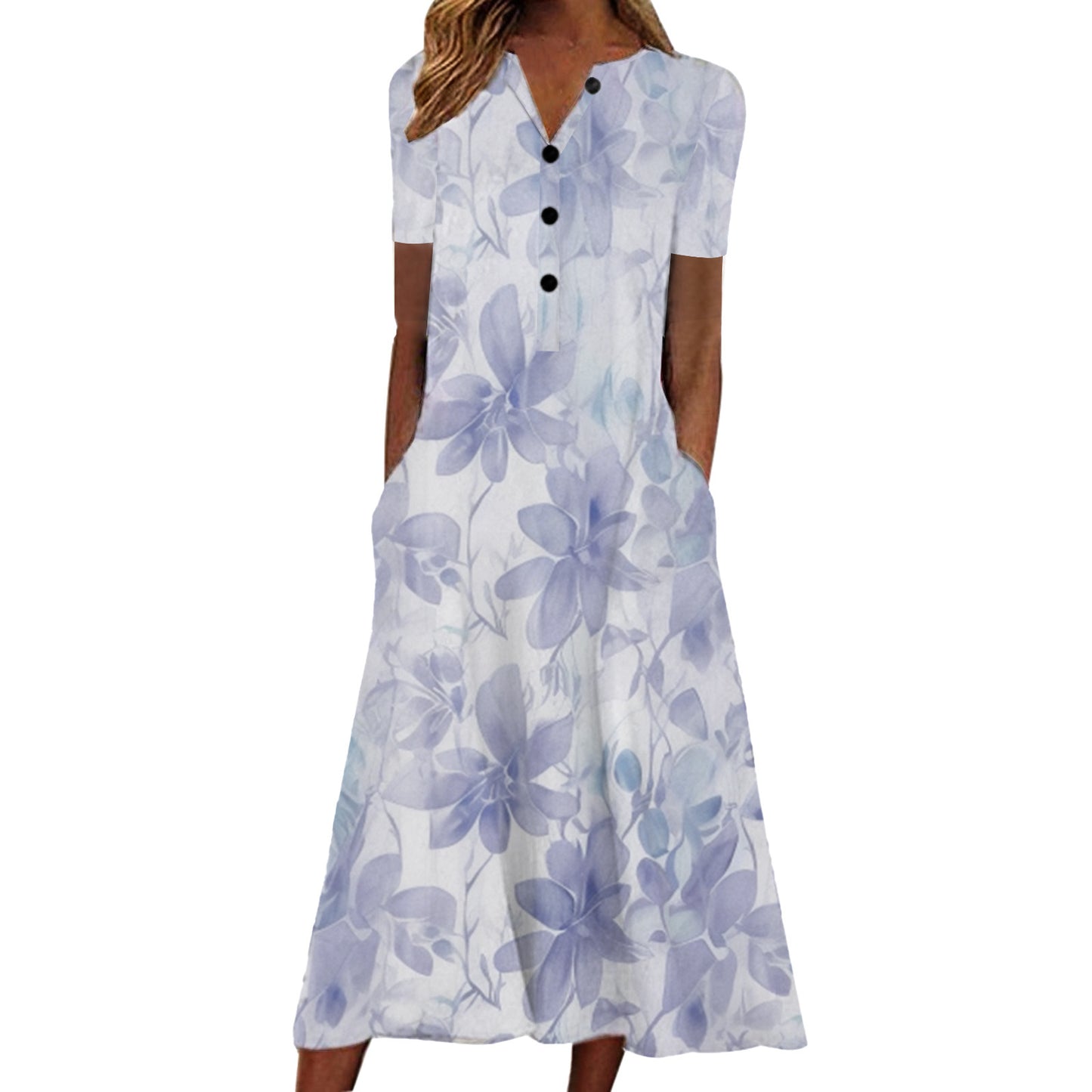 Printed Pocket V-neck Loose Casual Length Dress