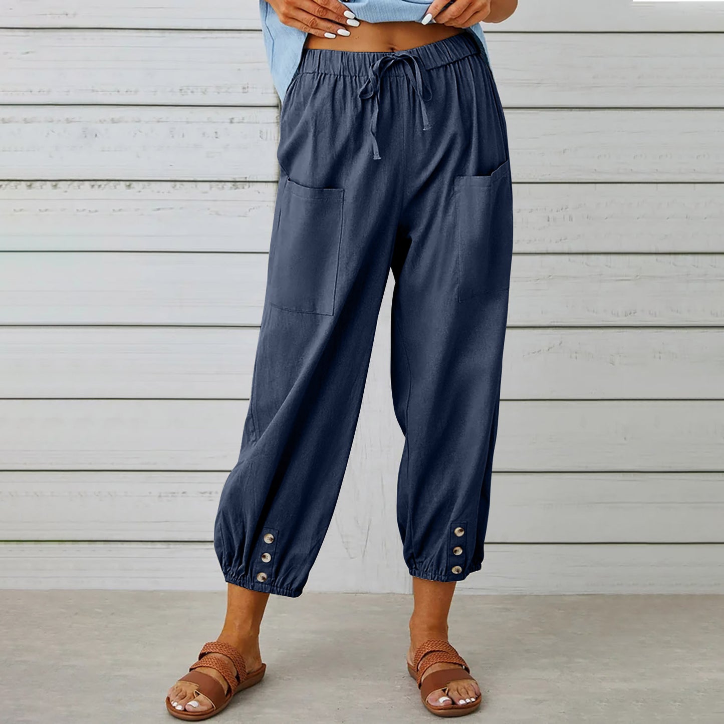 Pantalon à cordon de serrage pour femme, pantalon en coton et lin avec poches et boutons, printemps et été