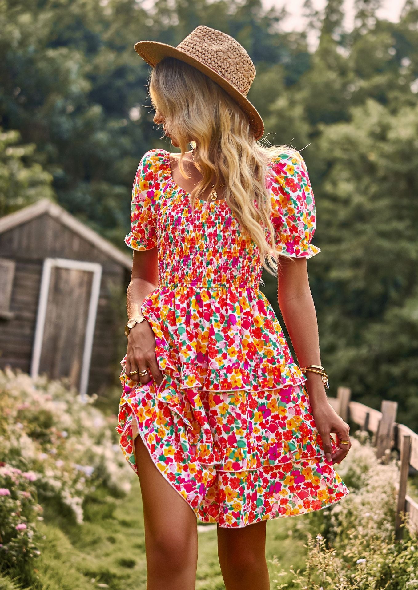 Vestido de verano con volantes florales, minivestido de manga corta con hombros descubiertos, playa