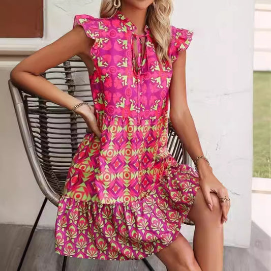 Vestido sin mangas estampado Moda de verano Vestidos rectos con cordones y cuello en V para mujer Ropa