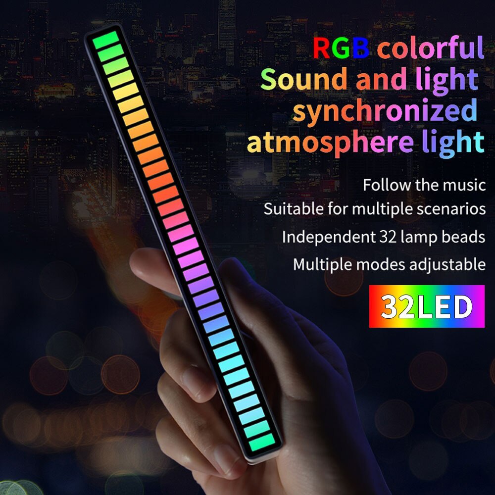 RGB Lamp 32LED Strip Lights Pickup Light Sound Control Lamp Ambient Light Smart APP Control Music Rhythm For Game Desktop Light