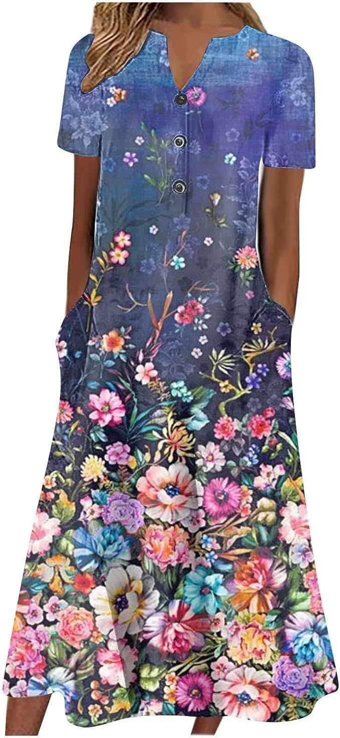 Printed Pocket V-neck Loose Casual Length Dress