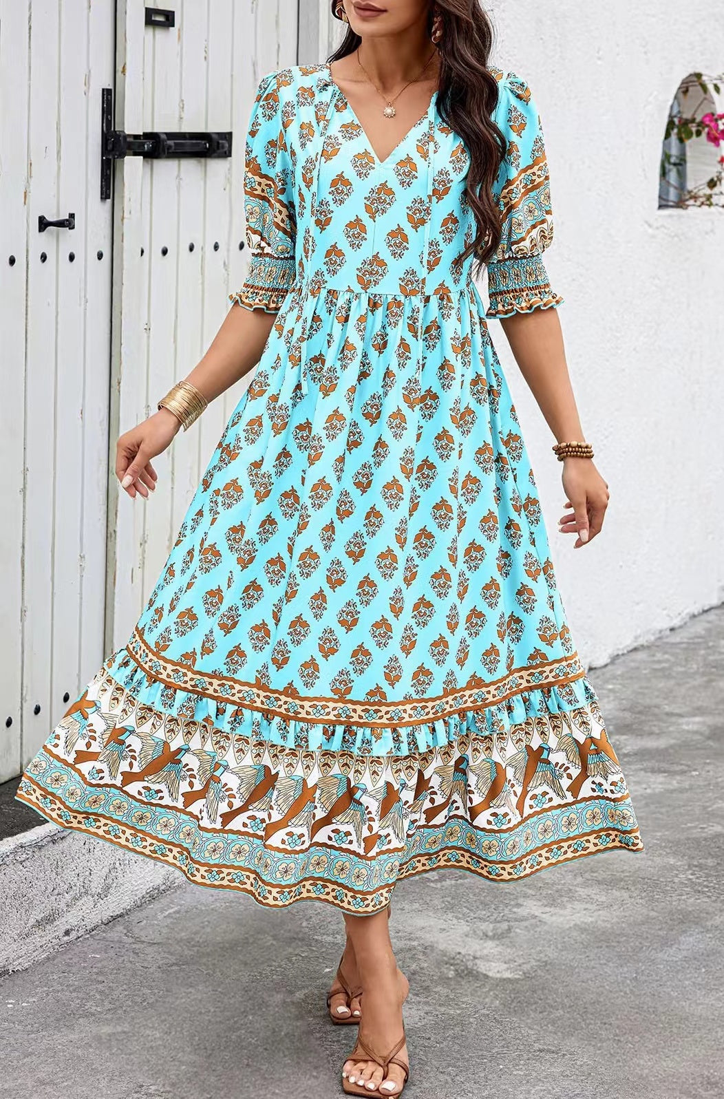 V-neck Printed Lantern Sleeve High Waist Big Swing Dress