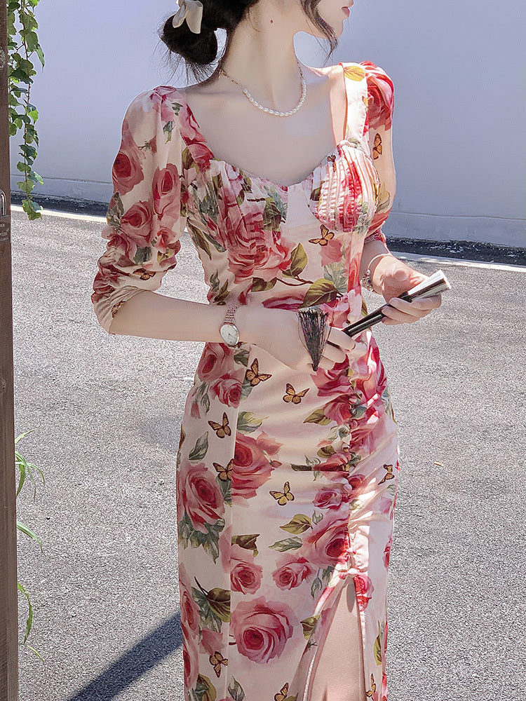 High-end Elegant Retro Rose Floral Dress Women's Clothing