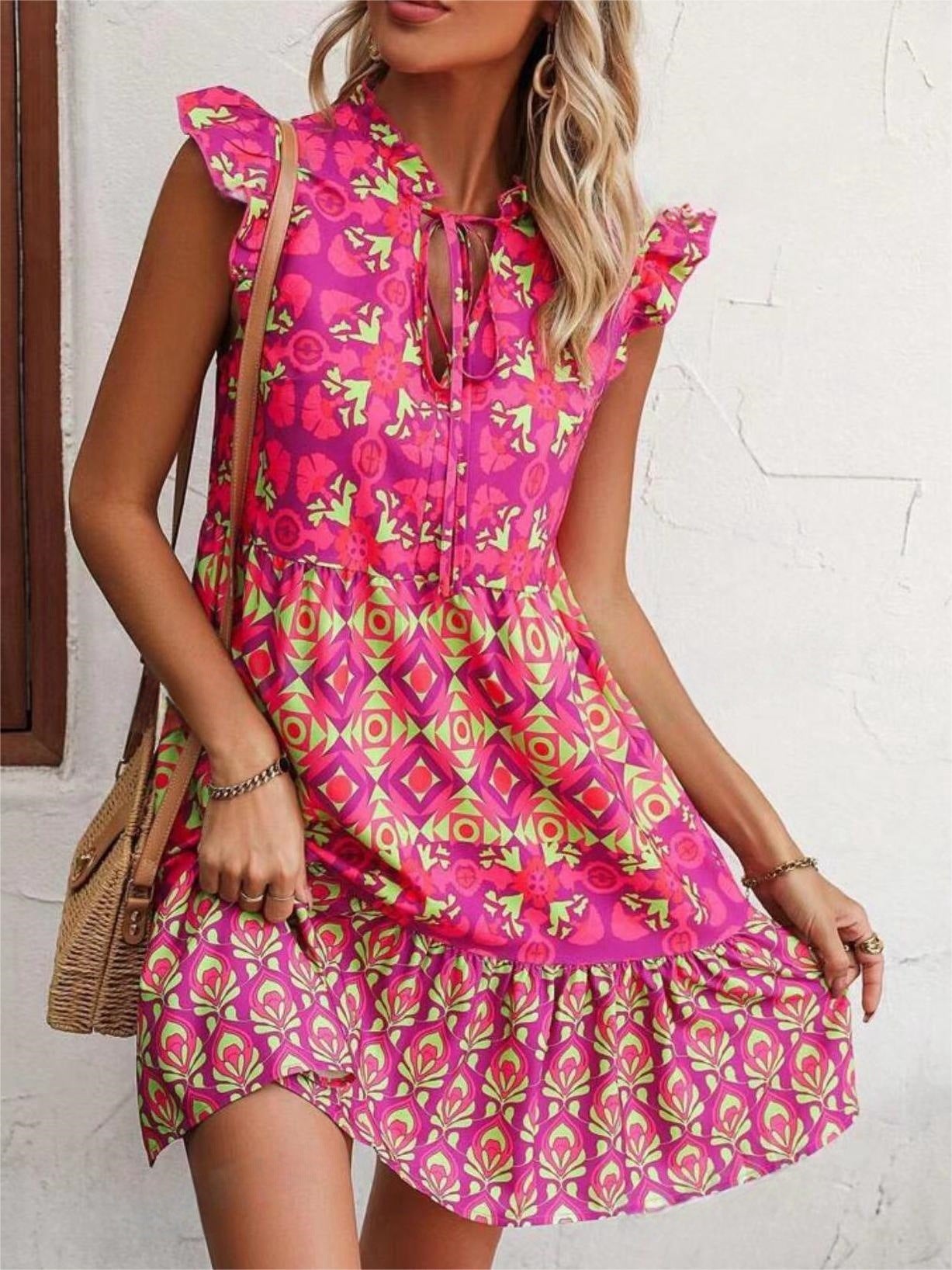 Vestido sin mangas estampado Moda de verano Vestidos rectos con cordones y cuello en V para mujer Ropa