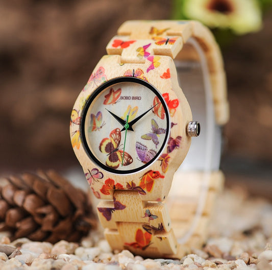 BOBO BIRD O20 Relojes con estampado de mariposas para mujer Reloj de pulsera de cuarzo totalmente hecho en bambú para mujer en caja de regalo de madera