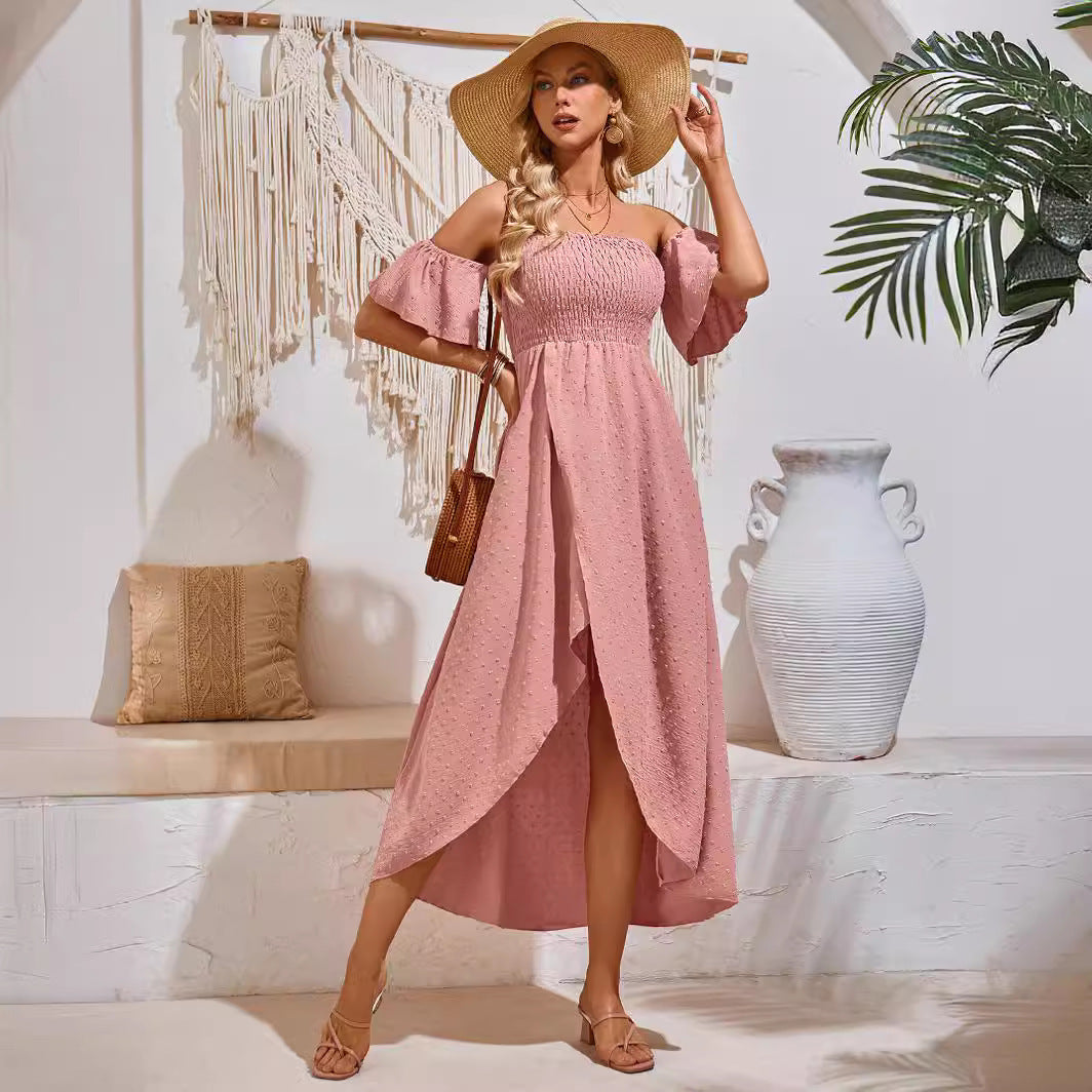 Vestido sexy con hombros descubiertos y abertura para mujer, vestidos largos plisados ​​a la moda de verano para playa, ropa para mujer