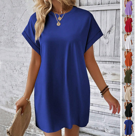 Vestido suelto de manga corta con bolsillos, vestidos rectos informales de verano de Color sólido con cuello redondo, ropa para mujer